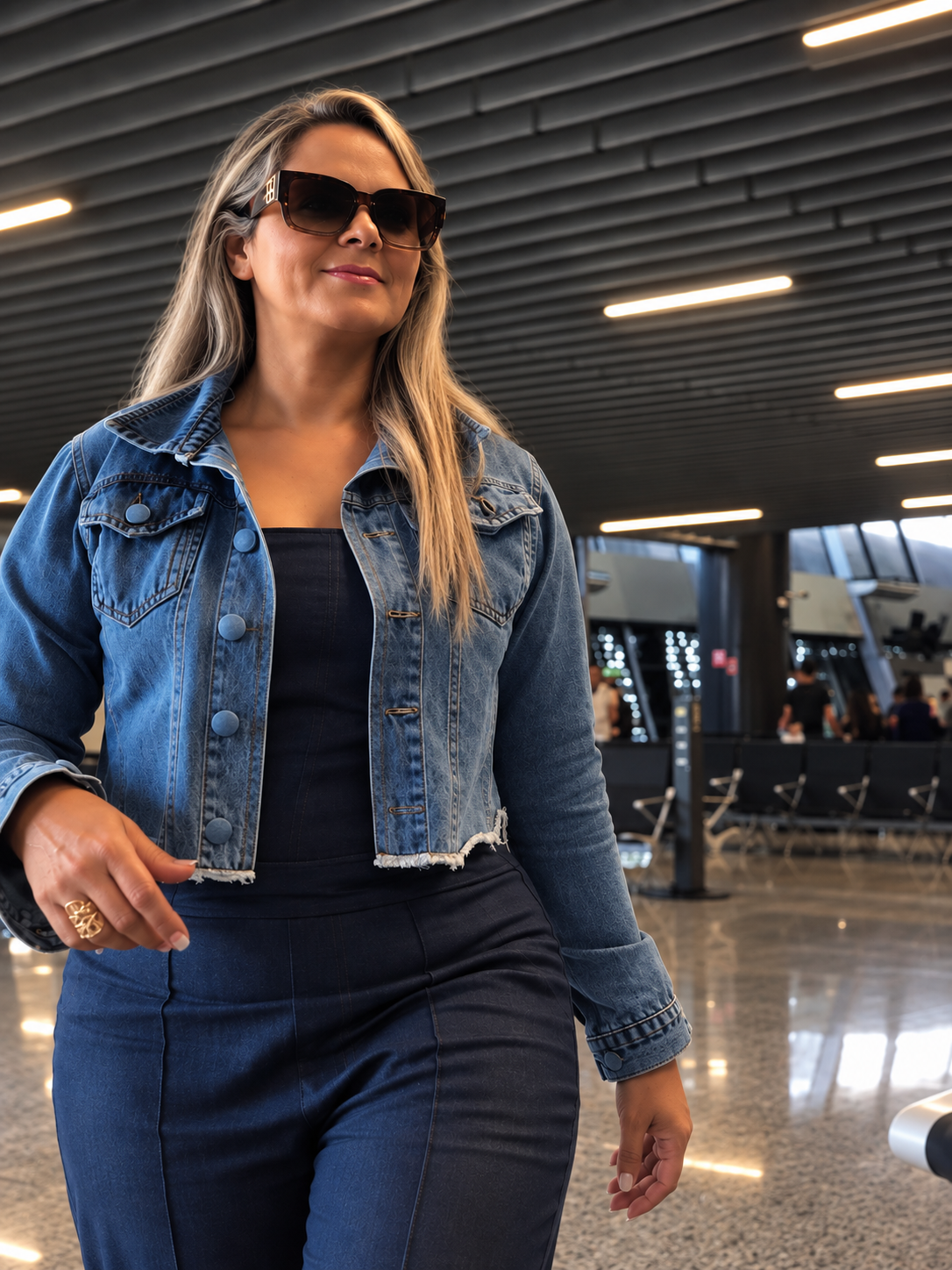 Hosana usando uma peça em jeans em um ambiente contemporâneo